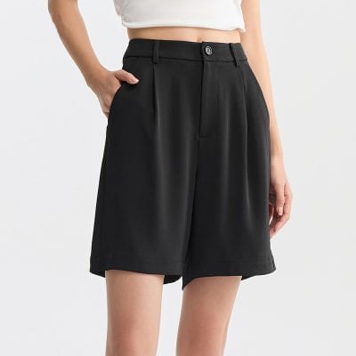 Elegant black tailored shorts for women, perfect for casual or professional wear, featuring a high waist, comfortable fit, and stylish design.