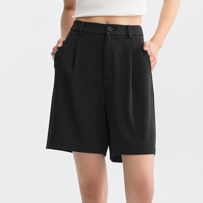 Stylish black faux leather shorts with a tailored fit, high waist, and side pockets, perfect for fashionable everyday or casual wear.