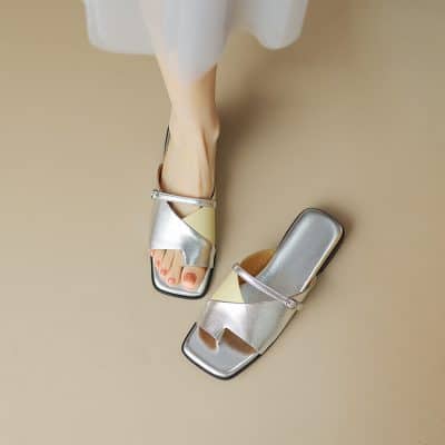 Striking metallic and beige slip-on dress shoes with stylish design, ideal for formal occasions. Perfect for enhancing your wardrobe with trendy footwear from Monalisa Store.