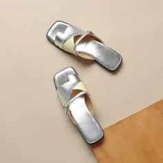 Luxurious metallic silver block-heeled sandals with ankle straps, perfect for women seeking fashionable footwear from Monalisa Store.