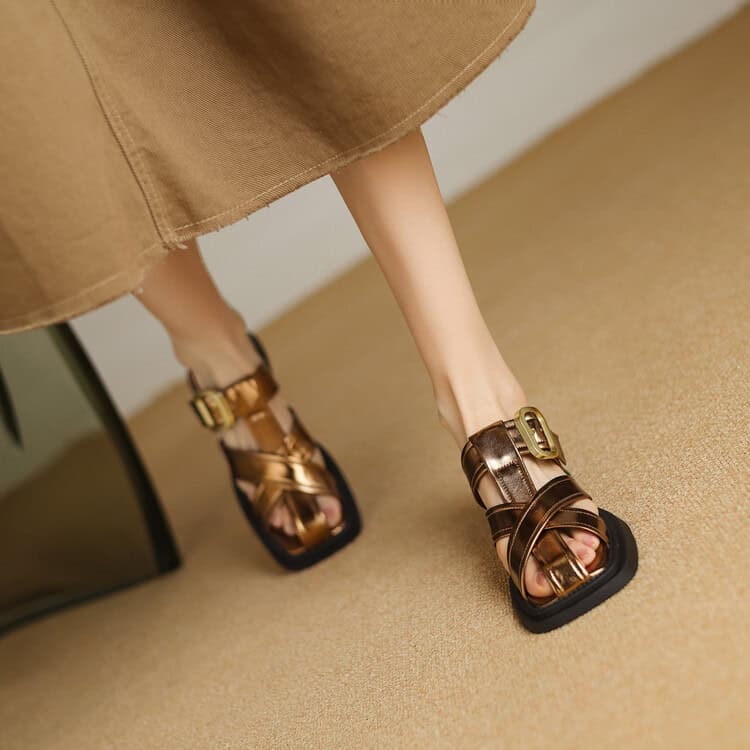 Luxury women's leather sandals with bold buckles and comfortable soles, perfect for elegant casuals and summer outfits. Shop high-quality footwear at Monalisa Store for a chic look.