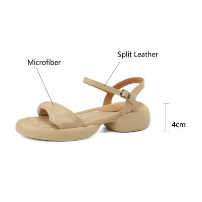 Comfortable beige leather sandal featuring microfiber padding, split leather strap, and a 4cm heel height, perfect for stylish and supportive footwear choice.