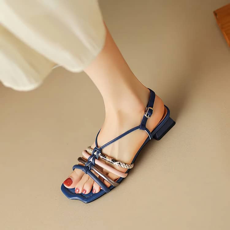 Elegant women's sandals featuring multicolored straps and comfortable block heel, ideal for casual or dressy occasions.