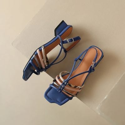 Stylish women's blue high heel sandals featuring ankle straps and trendy design, perfect for fashionable footwear needs. Shop the latest women’s shoes at Monalisa Store.