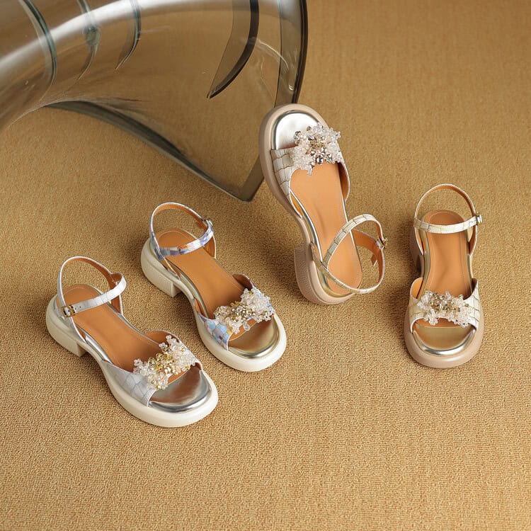 Stylish children's sandals with floral embellishments, perfect for special occasions, available at Monalisa Store for quality and trendy kids' shoes.