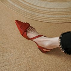 Elegant red pointed toe high heel shoe with ankle strap, perfect for fashionable women.