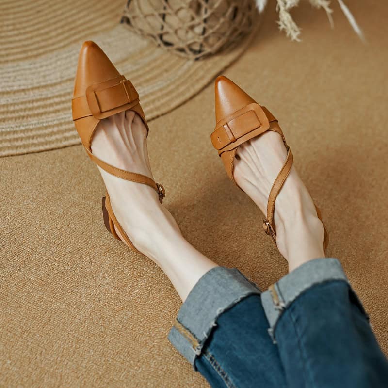 Elegant brown pointed toe shoes with ankle straps for women, perfect for stylish everyday wear and special occasions, offering comfort and sophistication.