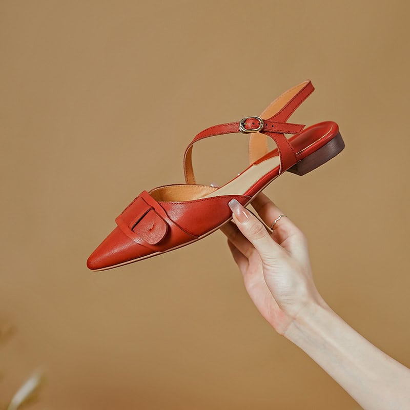 Elegant red leather sandal with ankle strap, pointed toe, and moderate heel height, perfect for stylish occasions.