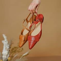 Elegant leather shoes with adjustable ankle strap, pointed toe, perfect for casual or formal wear. Available in classic brown and bold red colors for versatile fashion statements.