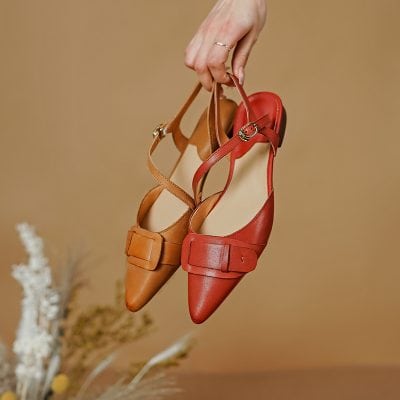 Elegant leather shoes with adjustable ankle strap, pointed toe, perfect for casual or formal wear. Available in classic brown and bold red colors for versatile fashion statements.