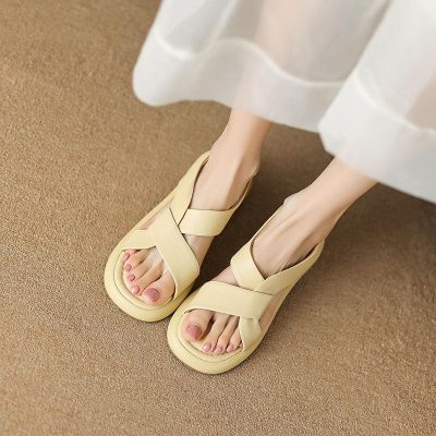 Versatile women's beige sandals with cross strap design, ideal for summer, casual outings, and comfortable foot support, suitable for Monalisa Medical’s diverse footwear collection.