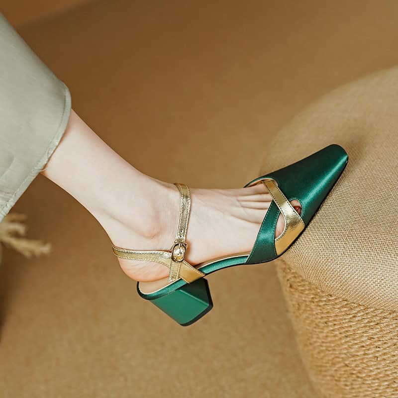 Luxurious green and gold stylish women's sandal with ankle strap, perfect for elegant opt fashion and accessories.