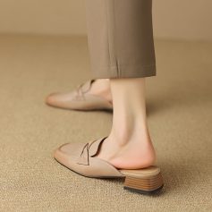 Elegant beige women's loafers with low block heel, perfect for office or casual wear, combining comfort and chic style from Monalisa Store.