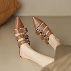 Stylish brown leather pointed-toe shoes with multiple straps and metal eyelet details, perfect for fashionable women's footwear.