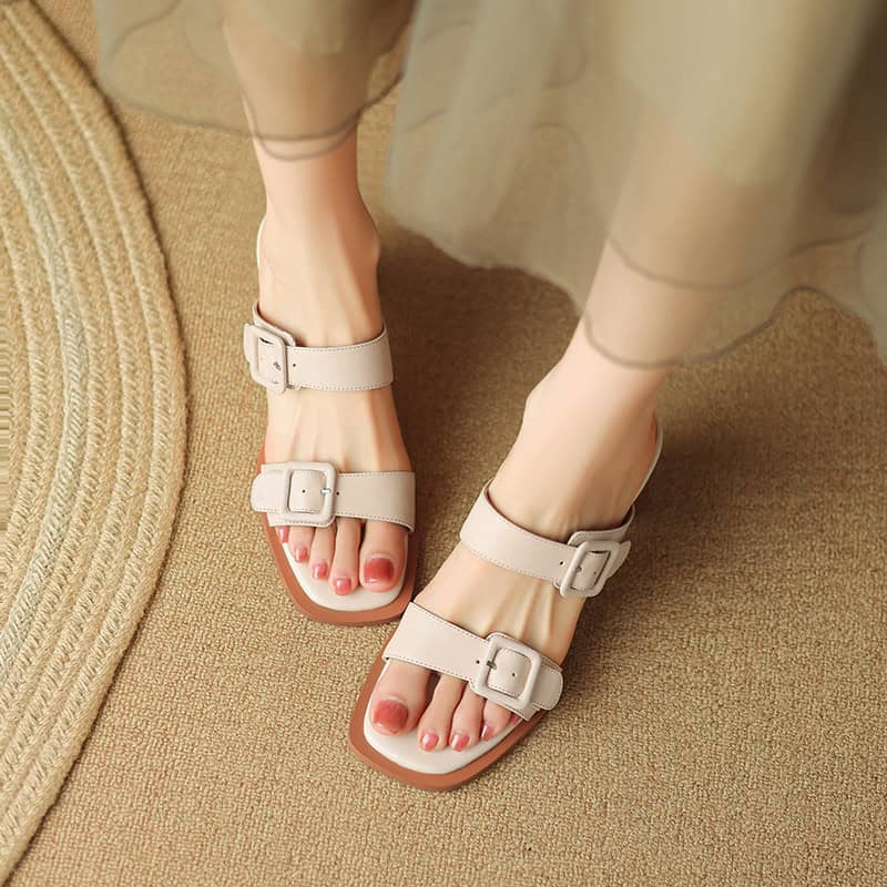 Stylish beige women's sandals with double buckle straps, ideal for casual or semi-formal occasions. Comfortable and trendy footwear from Monalisa Store.