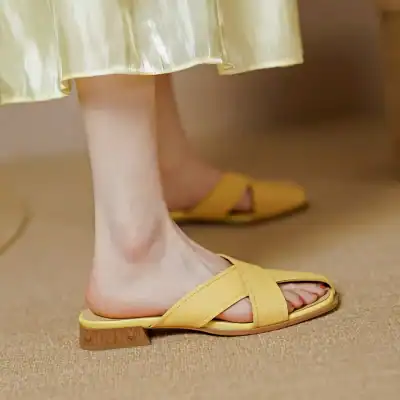 Comfortable yellow slip-on sandals with block heels perfect for casual and chic outfits.