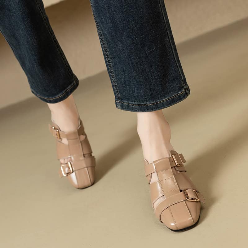 Elegant beige women’s shoes with buckle straps and a square toe design. Perfect for stylish or casual wear, offering comfort and sophistication for every occasion.