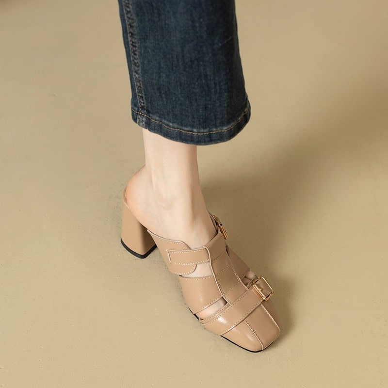 Comfortable women's beige block heels with straps and buckles for trendy fashion.