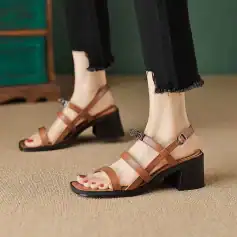 High-quality brown leather sandals with block heels, adjustable straps, and open toes, perfect for fashionable women seeking comfort and elegance from Monalisa Store.