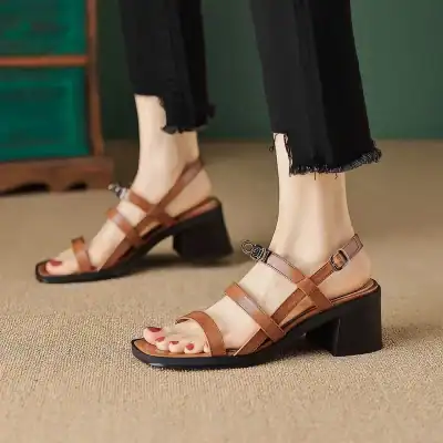 High-quality brown leather sandals with block heels, adjustable straps, and open toes, perfect for fashionable women seeking comfort and elegance from Monalisa Store.