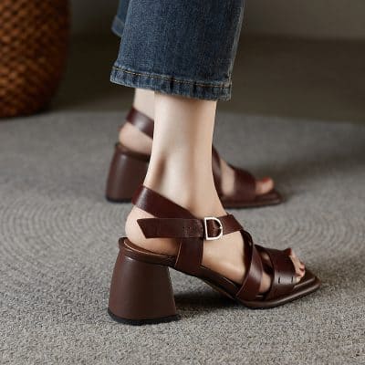 Elegant brown leather block heel sandals with ankle strap, perfect for casual and formal wear, available at Monalisa Store.