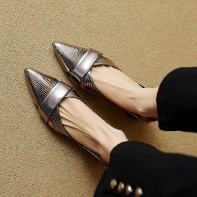 Stylish women’s pointed toe shoes with metallic finish and a comfort-fit design, perfect for fashion-forward individuals seeking high-quality footwear at Monalisa Store.