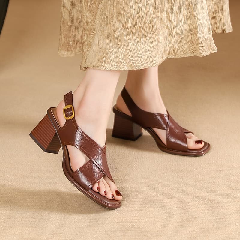 High-quality brown leather women's sandals with adjustable ankle strap and block heel, perfect for casual or formal occasions and enhancing your fashion statement.