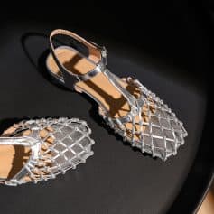 Stylish silver T-strap sandals with intricate woven metallic design, perfect for fashion-forward women seeking trendy, comfortable footwear at Monalisa Store.