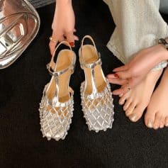 Stylish silver metallic sandals with intricate jewel embellishments, perfect for fashion-forward women seeking trendy footwear at Monalisa Store.