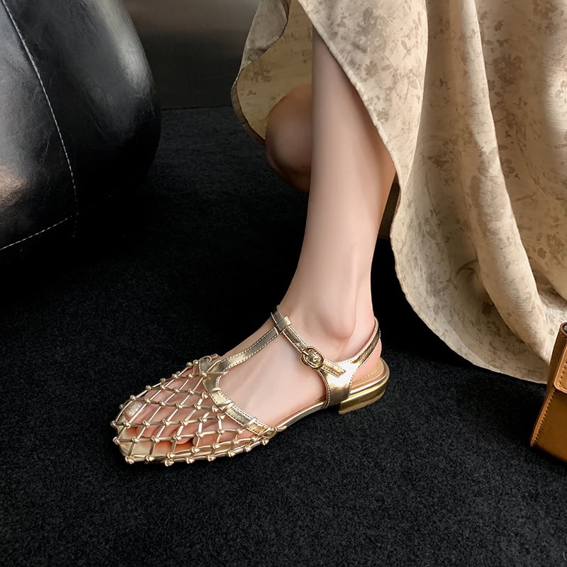 Luxury gold woven and strappy women's sandals with adjustable ankle strap, perfect for stylish outfits and special occasions, available at Monalisa Store.