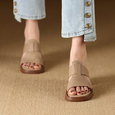 Comfortable beige open-toe sandals with wide straps, perfect for casual and summer wear, featured at Monalisa Store.