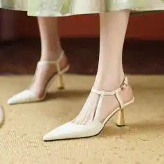 Stunning beige women's high heels with pointed toes, ankle strap, and gold-tone heel detail, ideal for special events and fashionable attire, available at Monalisa Store.