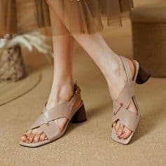 Elegant beige women's sandals with chunky heels, perfect for fashion-forward looks and comfort. Ideal for casual or formal occasions, available at Monalisa Store.