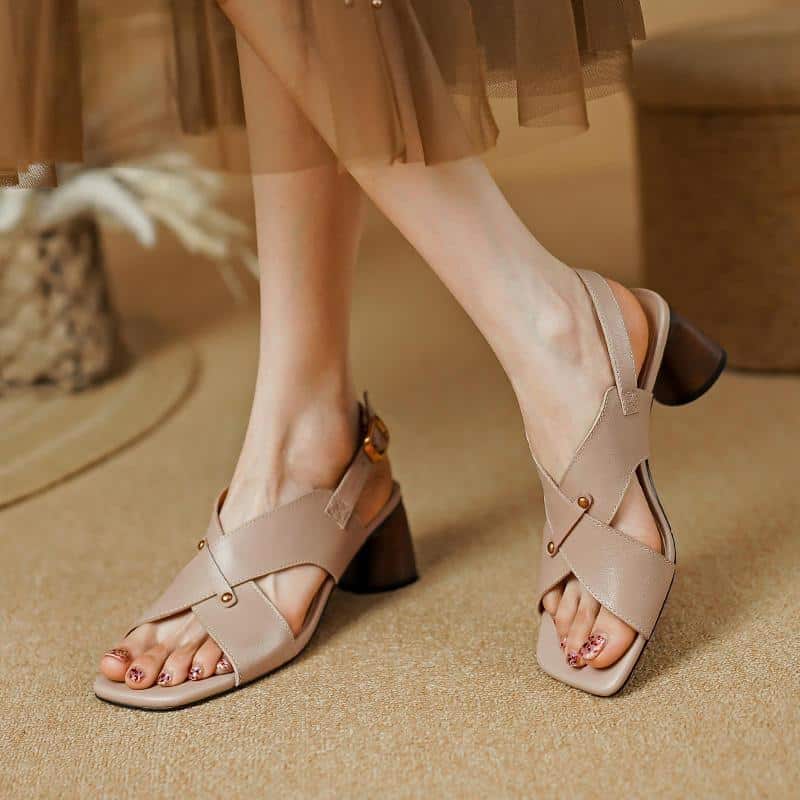 Elegant beige women's sandals with chunky heels, perfect for fashion-forward looks and comfort. Ideal for casual or formal occasions, available at Monalisa Store.