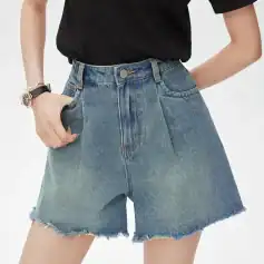 Comfortable high-waist distressed denim shorts perfect for summer casual wear, pairing easily with various tops, suitable for women seeking trendy, stylish, and breathable fashion options.