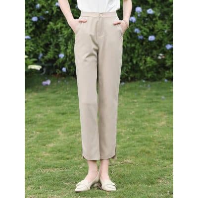Comfortable beige wide-leg trousers for women, perfect for casual and office wear, made from high-quality fabric for a stylish look.