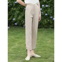 Elegant women's beige tailored trousers for office or casual wear, featuring a straight-leg fit with slit hem, perfect for professional or everyday stylish looks.