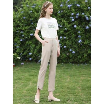 Stylish beige women's trousers with side slit detail from Monalisa Store.