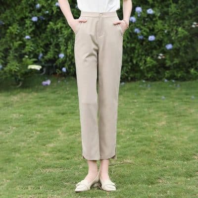 Women’s beige tailored pants for a sophisticated look, comfortable fit, and versatile style, suitable for work or casual outings.