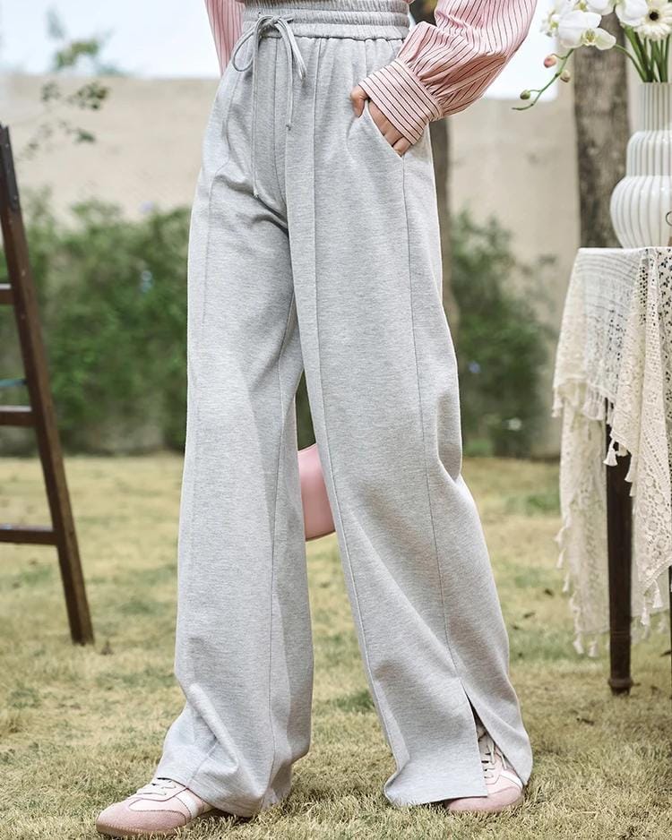 Comfortable grey wide-leg sweatpants for women.