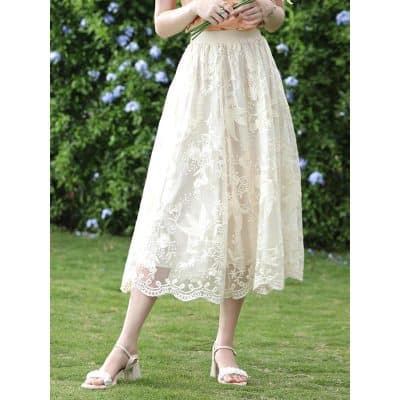 Lace midi skirt, women's summer fashion, elegant women's wear, outdoor fashion, floral lace skirt, feminine summer outfit, Monalisa Medical.