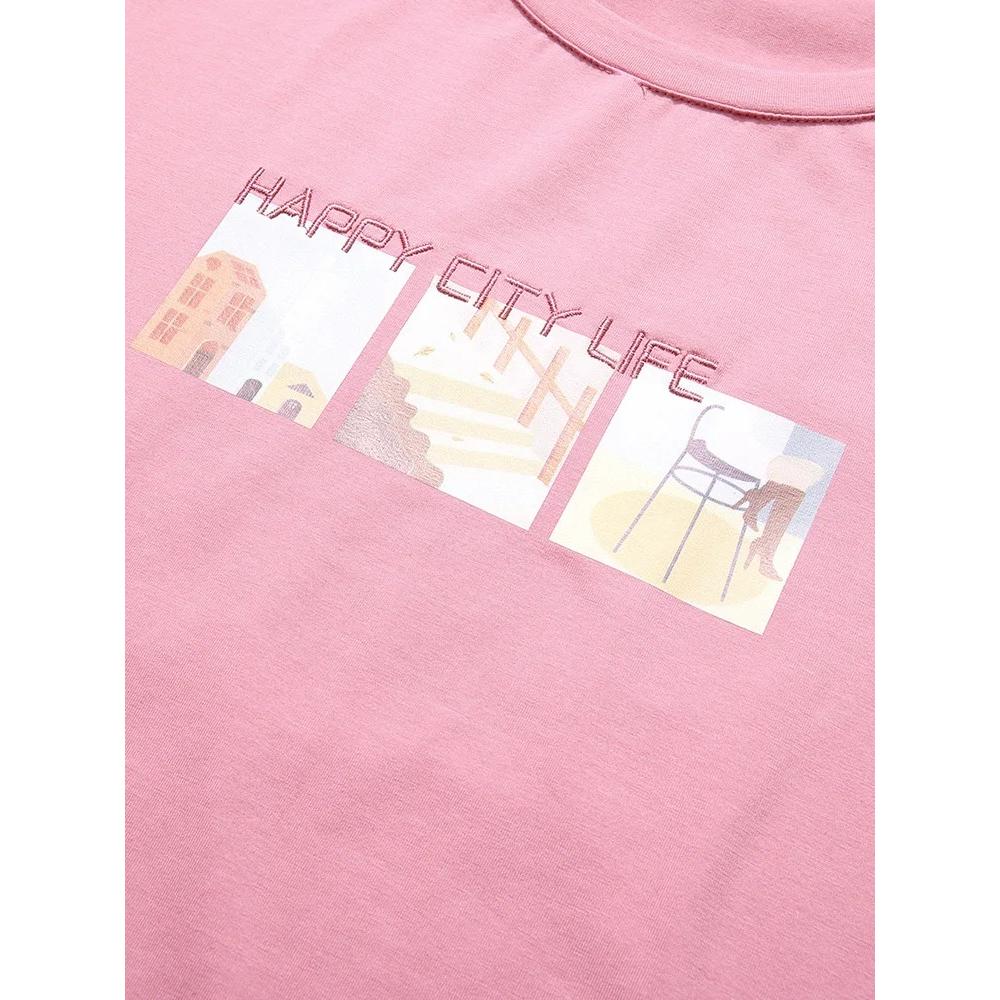 A stylish pink t-shirt featuring a "Happy Life" graphic design, ideal for women's and men's casual outfits. Made from soft cotton, it offers comfort and a modern look, perfect for daily use and social occasions.