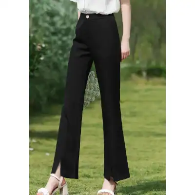 High-waisted black tailored trousers for women, perfect for office and formal wear, offering comfort and style, ideal for professional and everyday fashion.