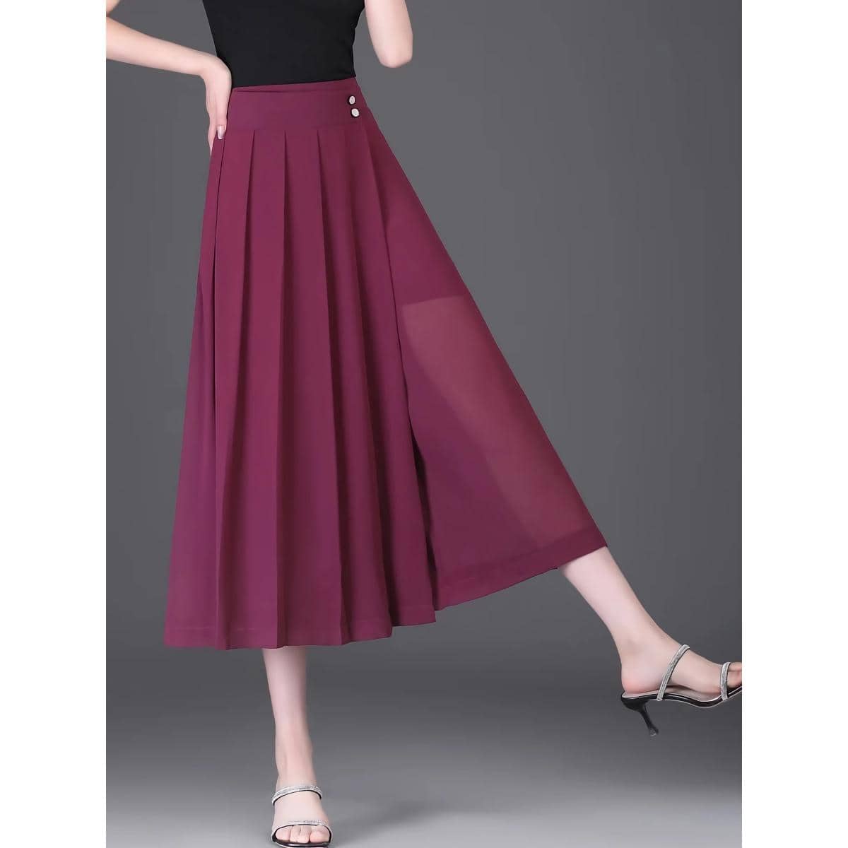High-quality maroon pleated maxi skirt, perfect for stylish women's fashion, available at Monalisa Medical and Fashion Store.