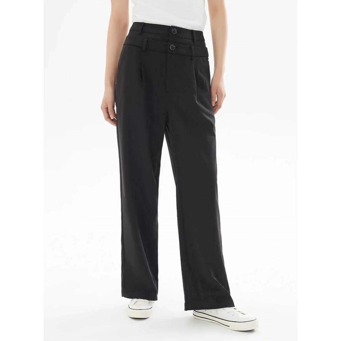 High-quality black women's wide-leg trousers with tailored fit and stylish design, perfect for professional or casual wear.