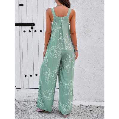 Bright green jumpsuit with floral white print, perfect for summer or casual occasions, designed for comfort and fashion.