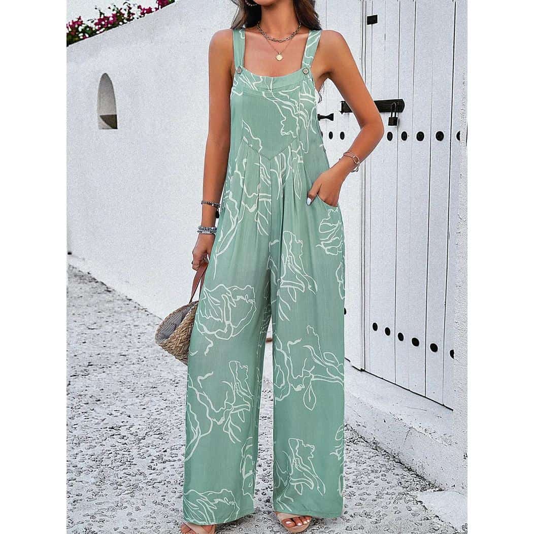 Stylish mint green floral jumpsuit perfect for summer outings and casual occasions.
