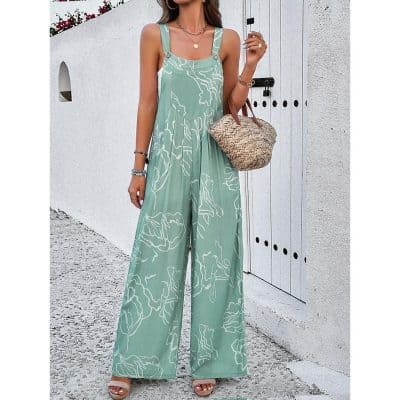 High-quality women’s green jumpsuit with white floral prints, perfect for summer and casual outings. Comfortable, trendy, and elegant, ideal for vacation or weekend wear.
