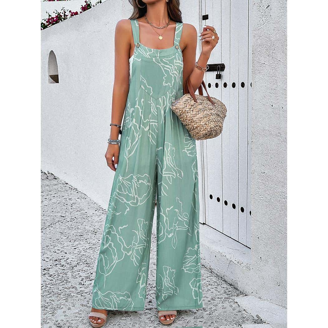 High-quality women’s green jumpsuit with white floral prints, perfect for summer and casual outings. Comfortable, trendy, and elegant, ideal for vacation or weekend wear.