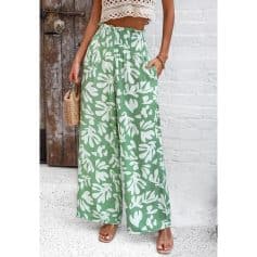 Comfortable, fashionable women's wide-leg pants with green and white palm leaf pattern, perfect for summer or casual wear, available at Monalisa Store.